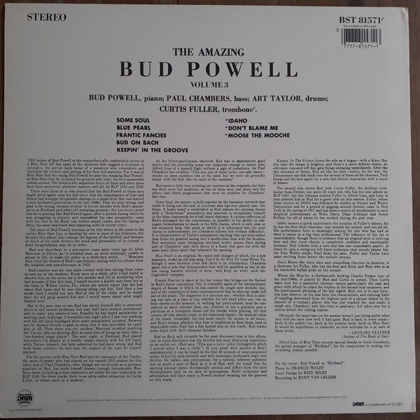 Image of Back Cover of LP - VG/G+ - BUD POWELL, The Amazing Bud Powell, Vol. 3 - Bud! (Blue Note; BST 81571, US 1985 Reissue, Company Inner), Sleeve has small dent in bottom edge and large hole cut out of corner,  - 2816368C