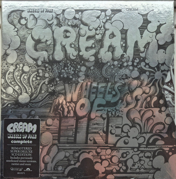 Image of Front Cover of 5xCD - NEW/NEW - CREAM, Wheels Of Fire (Polydor; 8819371, Worldwide 2026, Box Set), , The physical 5CD collection is housed in a 10-inch rigid slipcase finished with a unique silver lamination. It includes individual gatefold folios for the discs and a high-quality hardcover book containing rare archival photographs and extensive liner notes by music critic Jim Farber. - 2836121E