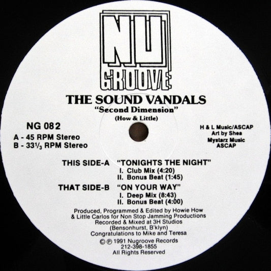 Image of Front Cover of 12" - /VG - THE SOUND VANDALS, Second Dimension (Nu Groove Records ; NG 082, US 1991), one or two small scuffs/marks. pen on label - minor,  - 2846296S