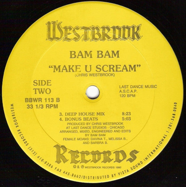 Image of Back Cover of 12" - /VG - BAM BAM, Make U Scream (Westbrook Records ; BBWR 113, US 1990), one or two scuffs/marks. pen on label - v. minor,  - 2846298S