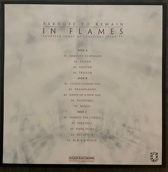 Image of Back Cover of 2xLP - VG/VG+ - IN FLAMES, Reroute To Remain (Nuclear Blast Records; NBR 54477, Europe 2023 Reissue, Insert, 180 Gram Red Transparent Vinyl, Side D is etched), Top edge seam split,  - 2846273S