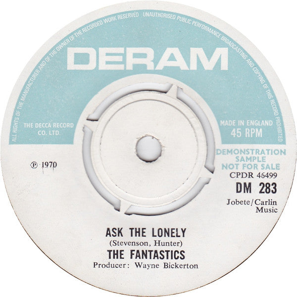 Image of Back Cover of 7" - /G - THE FANTASTICS, Waiting Round For Heartaches / Ask The Lonely (Deram ; DM 283, UK 1970, Promo), ,  - 2826356E