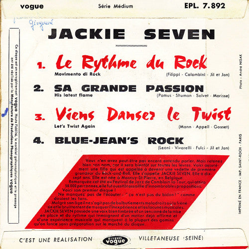 Image of Back Cover of 7" EP - VG+/VG+ - JACKIE SEVEN, Viens Danser Le Twist (Disques Vogue ; EPL 7892, France 1961, Laminated Flipback Sleeve, Mono), Strong VG+, Centre Intact,  - 2826355E