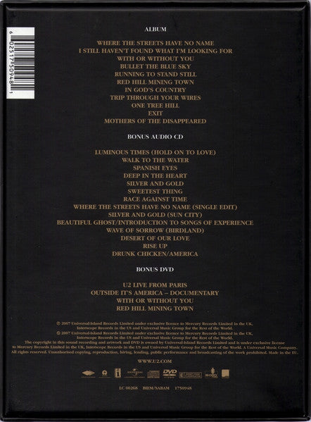 Image of Back Cover of 2xCD - VG/VG+ - U2, The Joshua Tree (Mercury Music Group; 1750948, Europe 2007, Box Set, Limited Edition, 20th Anniversary Super Deluxe Edition with DVD), Also includes a 56 page hardback embossed book, featuring previously unseen photos and handwritten lyrics. Also a cardboard 'wallet' containing 5 black & white postcards. Gold limited edition hype stickers on the inside of the case.,  - S