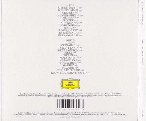 Image of Back Cover of CD - VG+/VG - ROGER ENO AND BRIAN ENO, Mixing Colours Expanded (Deutsche Grammophon; 483 9334, Europe 2020, Double Gatefold), Very small mark on disc one runout, doesn't affect play.,  - 2836105E