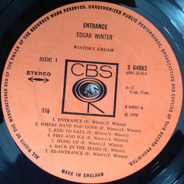 Image of Label Cover of 2844145S: LP - EDGAR WINTER, Entrance (CBS; 64083, UK 1970)   VG/VG+