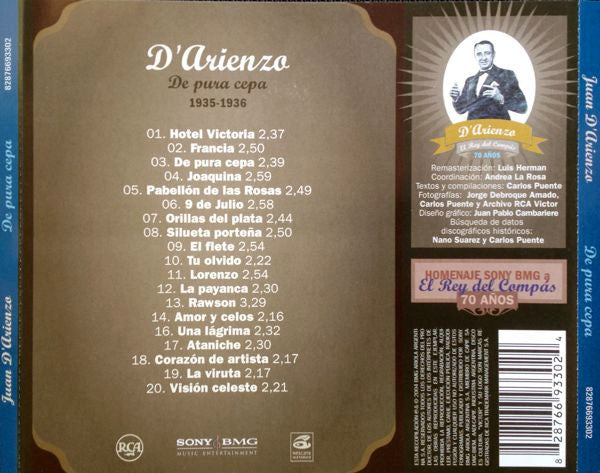 Image of Back Cover of CD - VG+/VG - JUAN D'ARIENZO Y SU ORQUESTA T PICA, De Pura Cepa (1935-1936) (Sony BMG Music Entertainment; 82876693302, Argentina 2005, Compilation, Remastered), ,  - 2956003S