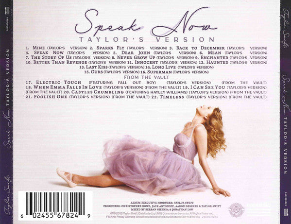 Image of Back Cover of 2xCD - VG+/EX - TAYLOR SWIFT, Speak Now (Taylor's Version) (Republic Records; 2455678249, Europe 2023), Opened Instore,  - 2956005S