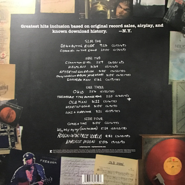Image of Back Cover of 2xLP - EX/EX - NEIL YOUNG, Greatest Hits (Reprise Records; 093624826293, Worldwide 2026 Reissue, Insert, Poster, 180 Gram Vinyl), Opened Instore, Still In Stickered Shrinkwrap,  - 2946045S
