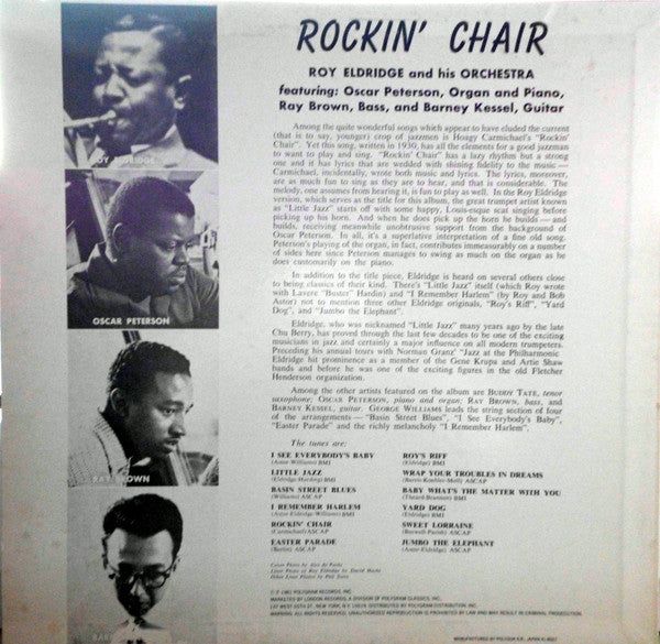Image of Back Cover of 12" - VG+/VG+ - ROY ELDRIDGE AND HIS ORCHESTRA, Rockin' Chair (Verve Records ; UMV 2686, Japan 1981, Mono), Obi is not included,  - 2946072S