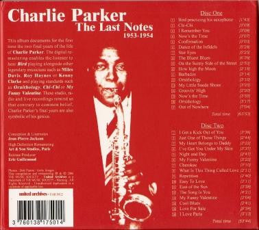 Image of Back Cover of 2xCD - VG+/VG+ - CHARLIE PARKER, The Last Notes 1953-1954 (United Archives; UAR 501.2, Europe 2006, Double Gatefold, Booklet), ,  - 2936019E