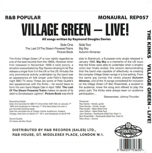 Image of Back Cover of 7" EP - M/M - THE KINKS, Village Green   Live! (Rhythm & Blues Records ; REP057, UK 2024, Flipback Sleeve), SEALED,  - 2826347E