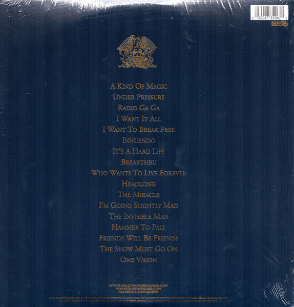 Image of Back Cover of 2xLP - VG/VG+ - QUEEN, Greatest Hits II (Hollywood Records; D002449801, US 2017 Reissue, Gold foil embossed Gatefold, 2 Inners, 180 Gram Vinyl, Half Speed Mastered), Light ring wear, hype sticker stuck on lower back cover,  - 2946052S