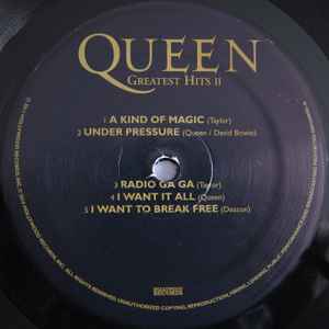 Image of Label Cover of 2xLP - VG/VG+ - QUEEN, Greatest Hits II (Hollywood Records; D002449801, US 2017 Reissue, Gold foil embossed Gatefold, 2 Inners, 180 Gram Vinyl, Half Speed Mastered), Light ring wear, hype sticker stuck on lower back cover,  - 2946052S