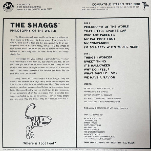 Image of Back Cover of LP - NEW/NEW - THE SHAGGS, Philosophy Of The World (Light In The Attic; LITA151, US 2026 Reissue, Gatefold, Booklet, Yellow Smoke Vinyl), , It s safe to say that Philosophy Of The World is one of the most polarising LPs of any era or genre. Recorded in 1969 by the Wiggin sisters with Dot taking lead writing duties, the album is an unequivocally unique collection of garage rock, charming and discordant in equal measures. - 2936090E
