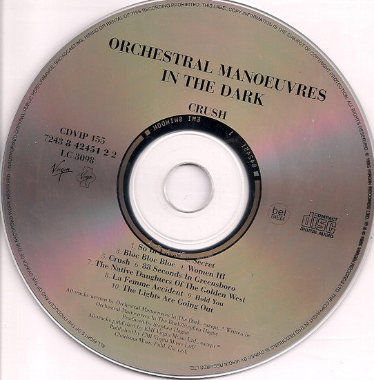Image of Label Cover of CD - VG+/VG+ - ORCHESTRAL MANOEUVRES IN THE DARK, Crush (Virgin; CDVIP 155, Europe 1996, Jewel Case), ,  - 2936021E
