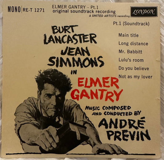 Image of Front Cover of 7" EP - VG/VG+ - ANDR  PREVIN, Elmer Gantry Part 1 (Soundtrack) (London Records ; RE-T 1271, UK 1960, Laminated Flipback Sleeve), Strong VG+, Two Tiny Nicks In Sleeve Opening,  - 2826341E