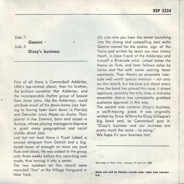 Image of Back Cover of 7" - VG/EX - CANNONBALL ADDERLEY, Gemini / Dizzy's Business (Riverside Records ; REP 3224, UK 1963, Laminated Front Sleeve), Ring Wear,  - 2826338E