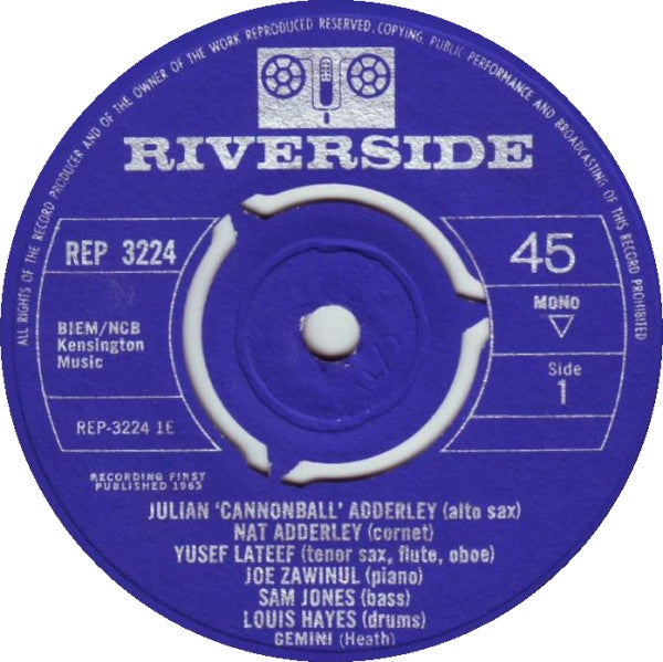 Image of Label Cover of 7" - VG/EX - CANNONBALL ADDERLEY, Gemini / Dizzy's Business (Riverside Records ; REP 3224, UK 1963, Laminated Front Sleeve), Ring Wear,  - 2826338E