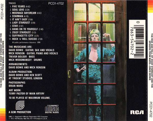 Image of Back Cover of CD - VG+/VG+ - DAVID BOWIE, The Rise And Fall Of Ziggy Stardust And The Spiders From Mars (RCA; PCD1-4702, US 1984, Jewel Case, RCA 1984 reissue, Disc made in Japan, Sleeve printed in US), ,  - 2936026E