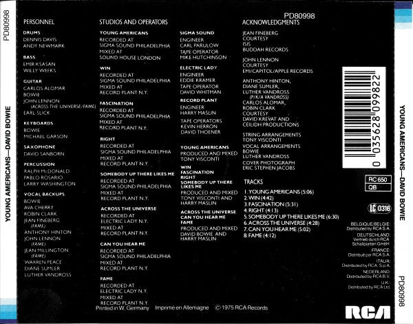 Image of Back Cover of CD - VG+/VG+ - DAVID BOWIE, Young Americans (RCA; PD80998, UK & Europe 1984, Jewel Case, RCA 1984 reissue ), ,  - 2936027E
