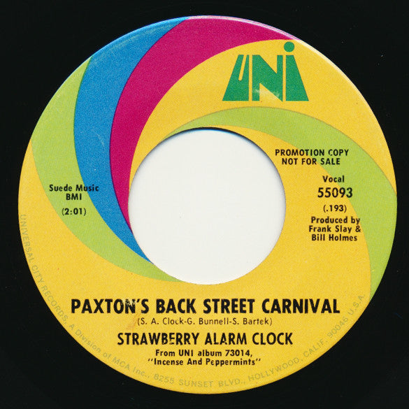 Image of Back Cover of 7" - VG/VG+ - STRAWBERRY ALARM CLOCK, Sea Shell / Paxton's Back Street Carnival (UNI Records ; 55093, US 1968, Promo, Company Sleeve), ,  - 2826336E