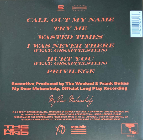 Image of Back Cover of LP - VG+/VG - THE WEEKND, My Dear Melancholy, (XO; 00602508236433, Europe 2025 Reissue, One-sided, etched. 180g vinyl), ,  - 2926013E