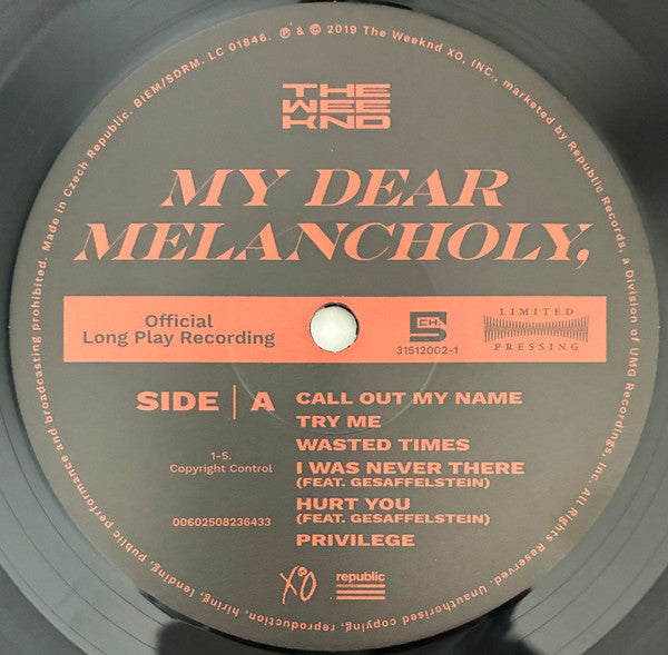 Image of Label Cover of LP - VG+/VG - THE WEEKND, My Dear Melancholy, (XO; 00602508236433, Europe 2025 Reissue, One-sided, etched. 180g vinyl), ,  - 2926013E