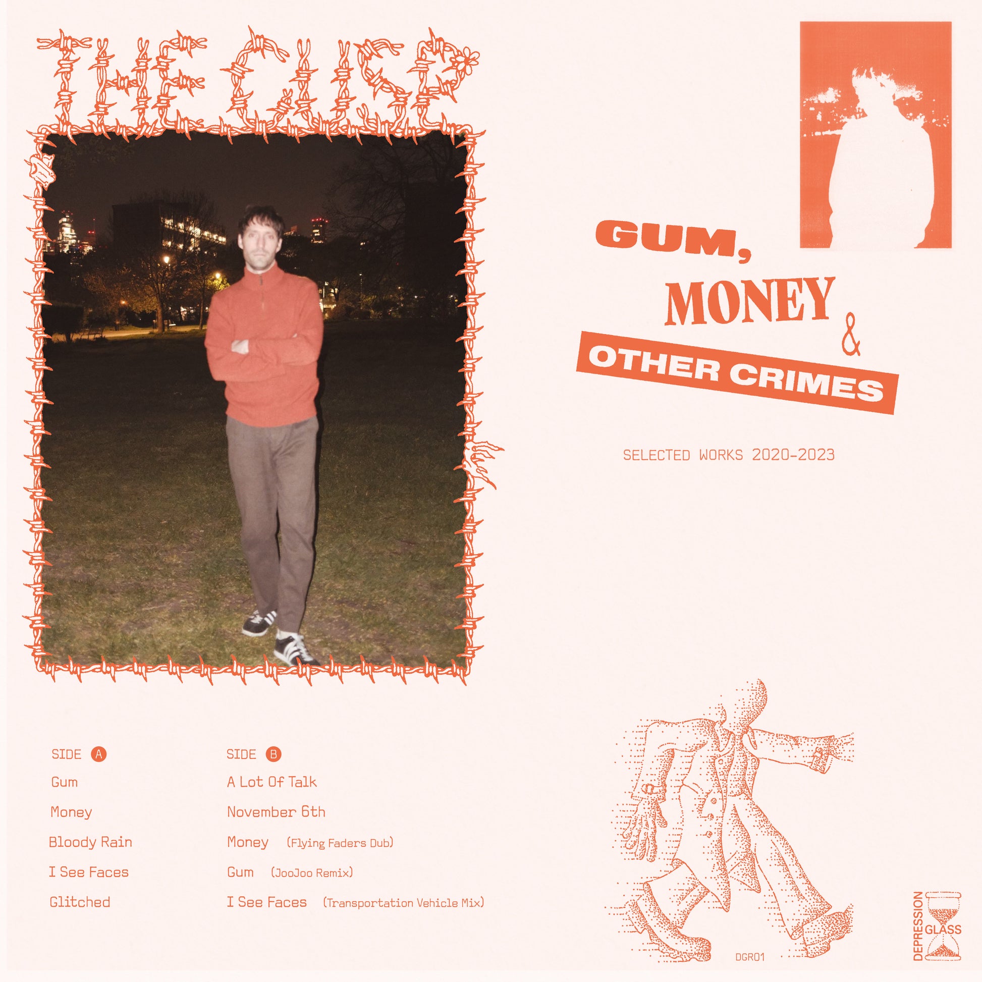 Image of Back Cover of LP - NEW/NEW - THE CUSP, Gum, Money & Other Crimes: Selected Works 2020-2023 (Depression Glass Records; DGR01, UK 2026, Inner, Stickered Outer Plastic Sleeve, Black Vinyl), , A merciless one man mission against boredom and complacency, The CUSP (brainchild of ex-Molochs mainman Lucas Fitzsimons) here collects its iconoclastic DIY output to date. Mapping out a psychic pathway between Californian attitude and British insouciance, it s a demolition derby of post-punk ethos, funk-damage