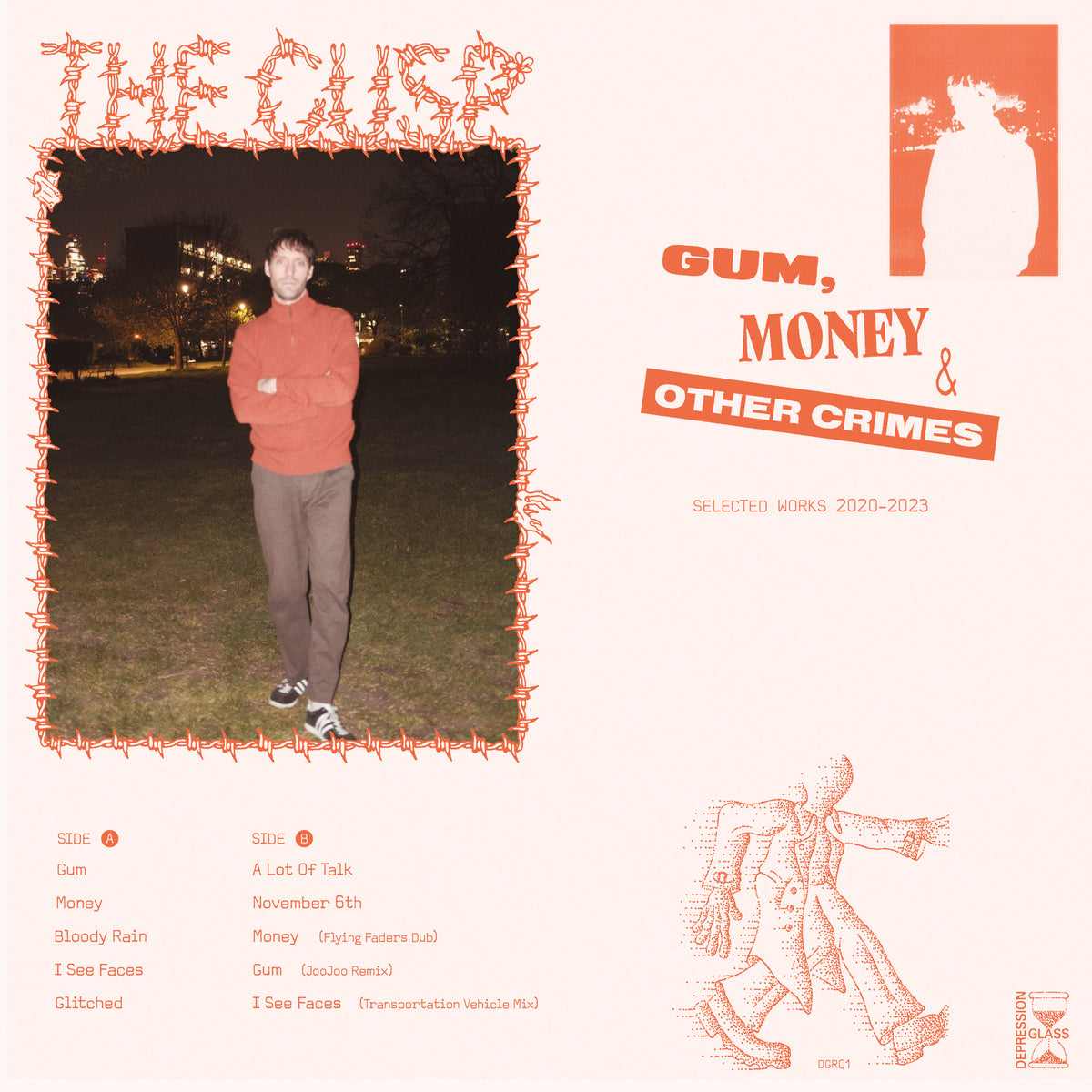 Image of Back Cover of LP - NEW/NEW - THE CUSP, Gum, Money & Other Crimes: Selected Works 2020-2023 (Depression Glass Records; DGR01, UK 2026, Inner, Stickered Outer Plastic Sleeve, White Vinyl), , A merciless one man mission against boredom and complacency, The CUSP (brainchild of ex-Molochs mainman Lucas Fitzsimons) here collects its iconoclastic DIY output to date. Mapping out a psychic pathway between Californian attitude and British insouciance, it s a demolition derby of post-punk ethos, funk-damage