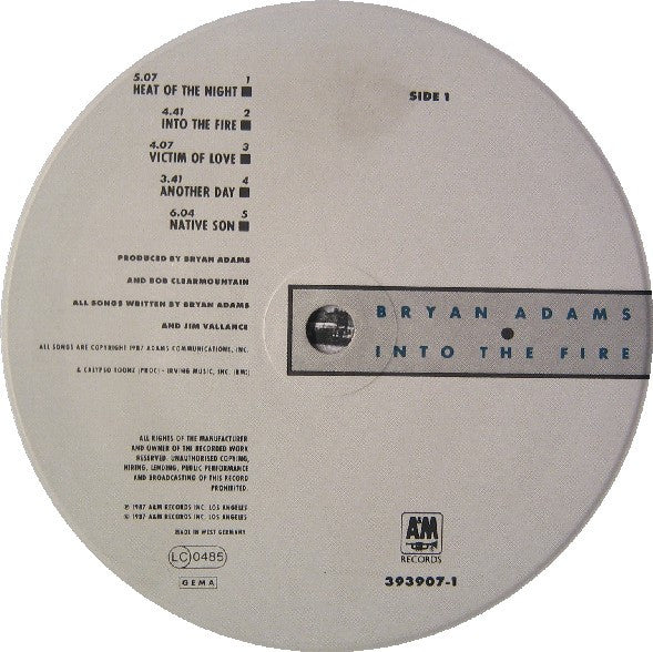 Image of Label Cover of LP - VG/VG - BRYAN ADAMS, Into The Fire (A&M Records; 393 907-1, Germany 1987, Hype Stickered Sleeve, Inner, With Poster), Heavy edge wear, nice poster.,  - 2916100C