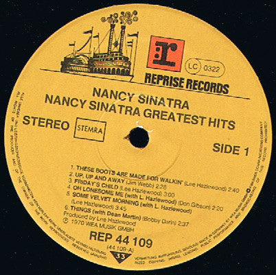 Image of Label Cover of LP - VG/VG+ - NANCY SINATRA, Greatest Hits (Reprise Records; REP 44 109, Netherlands Reissue, Made in Germany for the Netherlands), ,  - 2926071E