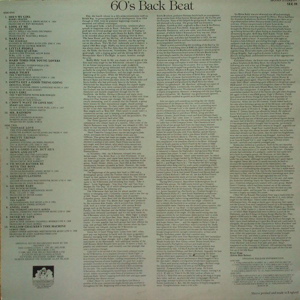 Image of Back Cover of LP - VG+/VG+ - VARIOUS, 60's Back Beat (See For Miles Records Ltd.; SEE 39, UK 1985), ,  - 2926084E