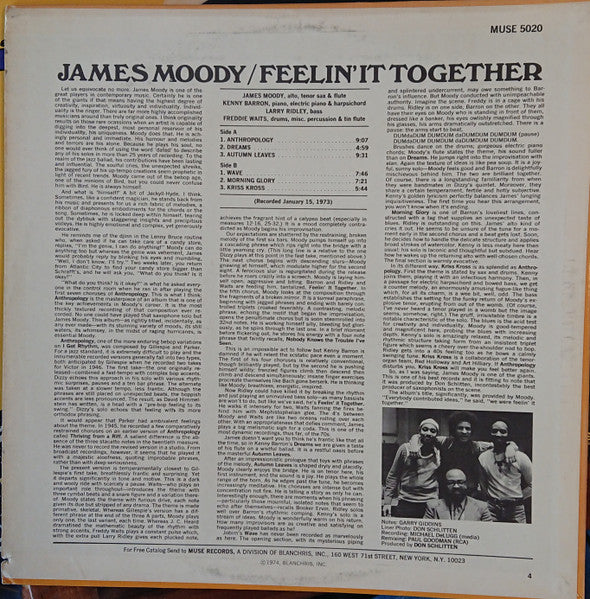 Image of Back Cover of LP - VG/VG+ - JAMES MOODY, Feelin' It Together (Muse Records; MR 5020, US 1974, Promo), Top seam is half split, edgewear, bumped corners, tracks ticked on rear sleeve by pen. ,  - 1826027E
