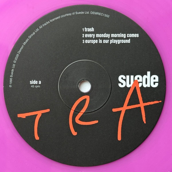 Image of Label Cover of 12" EP - NEW/NEW - SUEDE, Trash E.P. (Demon Records; DEMREC1352, UK 2026 Reissue, Indie Exclusice Lilac Vinyl), , As was customary for Suede fans, there were treats in store too on the single s incredible extra tracks    Europe Is Our Playground ,  Another No One ,  Every Monday Morning Comes   among the band s fiercely loyal fans all of  Trash  s  other sides  came to be seen as important as the  A ! Where all of Suede s previous singles had been issued as 12  singles,  Trash  was t