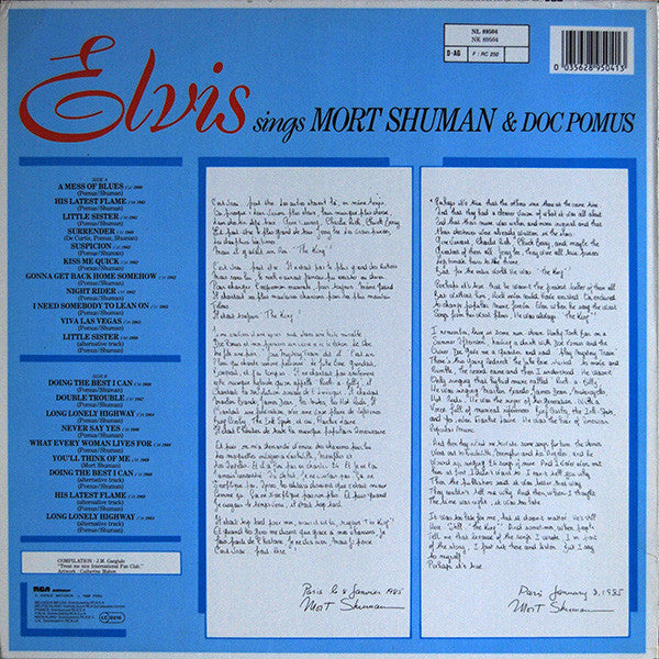 Image of Back Cover of LP - VG+/VG - ELVIS PRESLEY, Elvis Sings Mort Shuman & Doc Pomus (RCA; NL 89504, Europe 1985), ,  - 2926048E