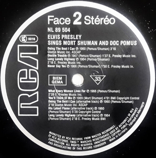 Image of Label Cover of LP - VG+/VG - ELVIS PRESLEY, Elvis Sings Mort Shuman & Doc Pomus (RCA; NL 89504, Europe 1985), ,  - 2926048E