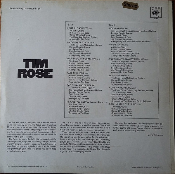 Image of Back Cover of LP - VG/G+ - TIM ROSE, Tim Rose (CBS; SBPG 63168, UK 1968, Stereo), ,  - 2946183S