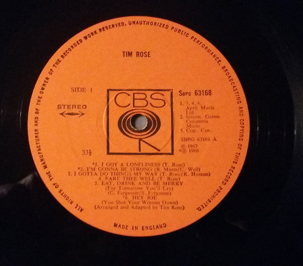 Image of Label Cover of LP - VG/G+ - TIM ROSE, Tim Rose (CBS; SBPG 63168, UK 1968, Stereo), ,  - 2946183S