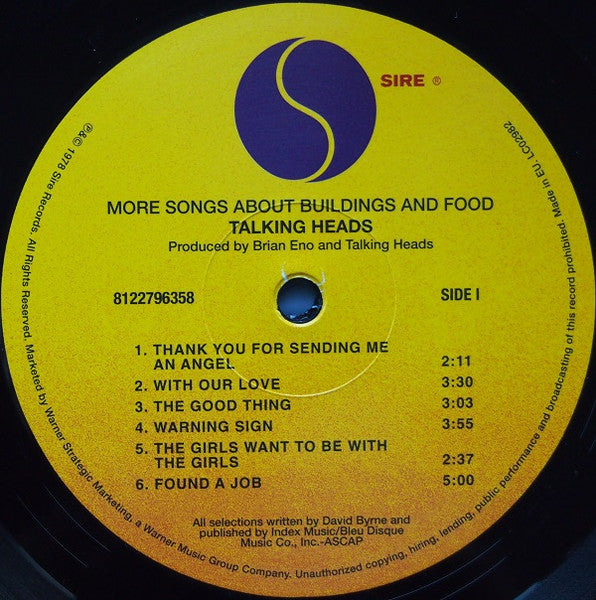 Image of Label Cover of LP - EX/VG+ - TALKING HEADS, More Songs About Buildings and Food (Sire; 8122796358, UK 2013 Reissue, Inner), , Talking Heads' 1978 album, 'More Songs About Buildings and Food', showcased their unique sound by blending punk rock, pop, funk, art rock, avant-garde, and world music, co-produced by Brian Eno. - 2926060E
