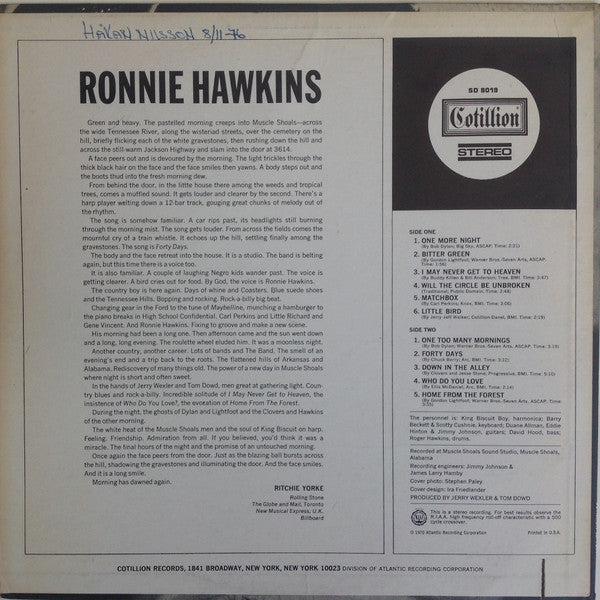 Image of Back Cover of LP - VG+/VG+ - RONNIE HAWKINS, Ronnie Hawkins (Cotillion ; SD 9019, US 1970, Monarch Pressing), Cut-out (Notched), Writing On Label,  - 2926138E