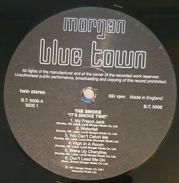 Image of Label Cover of LP - EX/VG+ - THE SMOKE, ...It's Smoke Time (Morgan Blue Town ; B.T. 5008, UK 2011 Reissue, Numbered Certificate, 180 Gram Vinyl), Strong VG+, Limited Edition No 321/500,  - 2926131E