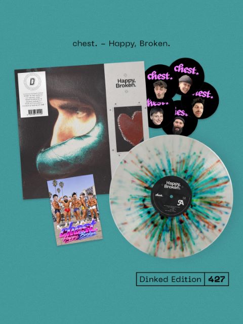 Image of Front Cover of LP - NEW/NEW - CHEST., Happy, Broken. - Dinked Edition (EXAG’ Records, Howlin Banana Records, A Tant Rever du Roi; XAG074DNKD, UK 2026, 5 Stickers, Dinked No. 427, Green & Red Splatter on Natural Vinyl, Signed Postcard, Limited Pressing of 300, Download Code), , It's hard to pin an age on chest.'s music - constantly in motion, where spontaneous energy collides with timeless electricity. The name is no accident: its five members first bonded in the darkness of Supersonic, one of Paris