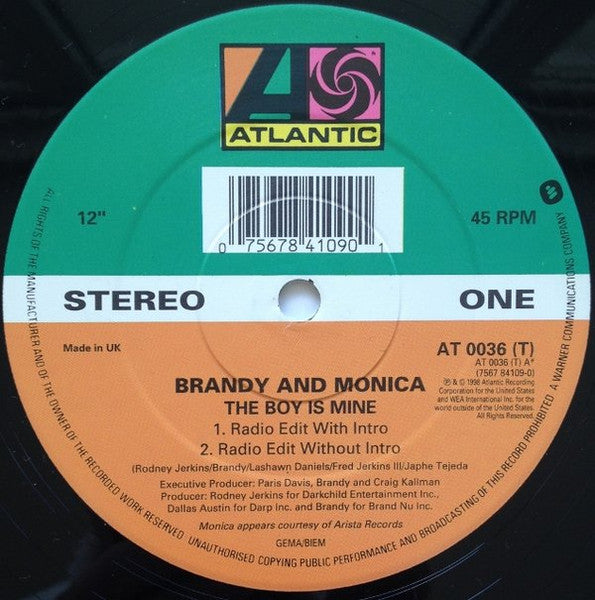 Image of Label Cover of 12" - VG/VG+ - BRANDY & MONICA, The Boy Is Mine (Atlantic; 7567-84109-0, UK 1998, Picture Sleeve), Sleeve has sticker ghost and light scuffs on front,  - 2916234C