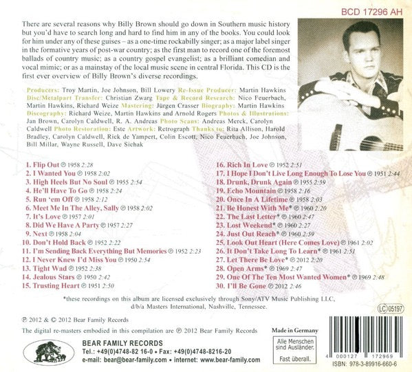 Image of Back Cover of CD - VG+/VG+ - BILLY BROWN, Did We Have A Party (Bear Family Records; BCD 17296 AH, Germany 2012, Digipak), ,  - 2916271C