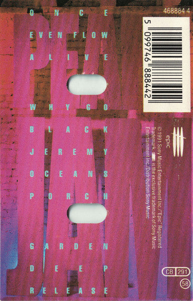 Image of Back Cover of Cassette - VG+/VG+ - PEARL JAM, Ten (Epic Grey Labels; EPC 468884 4, Europe 1991, J-Card, Black Shell With 'Sony Music' Top Centre, Made In Holland), ,  - 2916169C