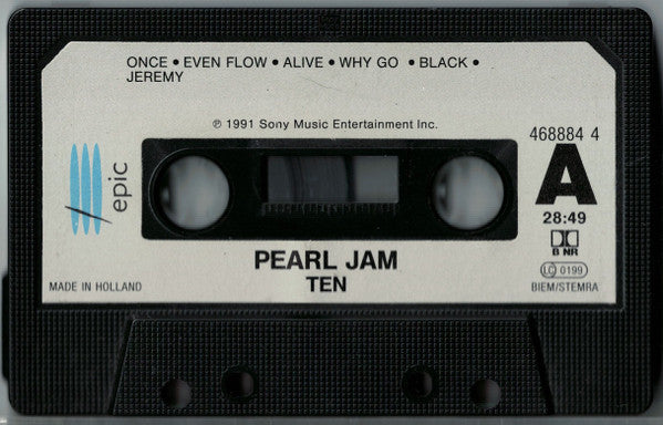 Image of Label Cover of Cassette - VG+/VG+ - PEARL JAM, Ten (Epic Grey Labels; EPC 468884 4, Europe 1991, J-Card, Black Shell With 'Sony Music' Top Centre, Made In Holland), ,  - 2916169C