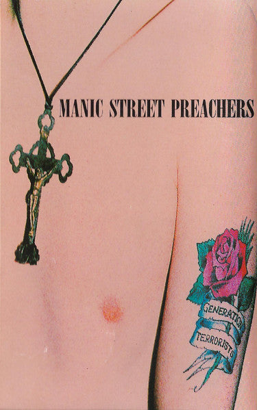 Image of Front Cover of Cassette - VG/VG+ - MANIC STREET PREACHERS, Generation Terrorists (Columbia Red Labels; 471060 4, UK 1992, J-Card, Black Shell, Consistent Window Line Marker Sizes), Just some minor creasing to inlay, still in original hype stickered case though it's showing its age.,  - 2916256C
