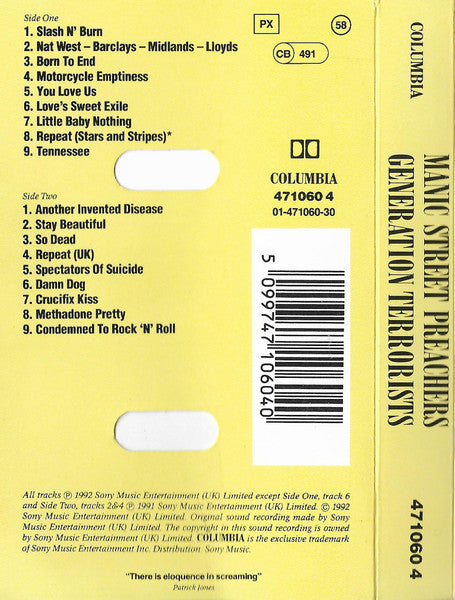 Image of Back Cover of Cassette - VG/VG+ - MANIC STREET PREACHERS, Generation Terrorists (Columbia Red Labels; 471060 4, UK 1992, J-Card, Black Shell, Consistent Window Line Marker Sizes), Just some minor creasing to inlay, still in original hype stickered case though it's showing its age.,  - 2916256C