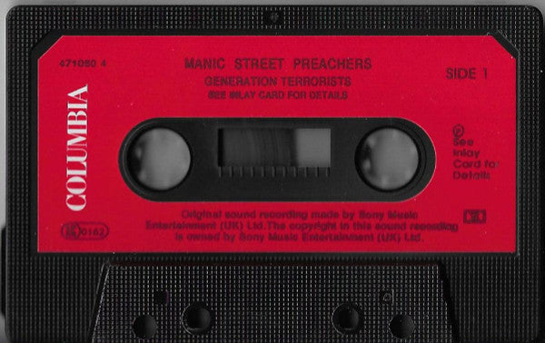 Image of Label Cover of Cassette - VG/VG+ - MANIC STREET PREACHERS, Generation Terrorists (Columbia Red Labels; 471060 4, UK 1992, J-Card, Black Shell, Consistent Window Line Marker Sizes), Just some minor creasing to inlay, still in original hype stickered case though it's showing its age.,  - 2916256C